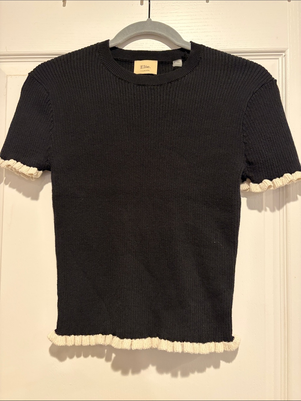 Ellie Black Ribbed Short Sleeve Top with Cream Ruffle Edging